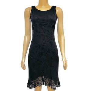 Up Front Black Floral‎ Glitter Sheer Ruffle Hem Sheath Dress Size XS
